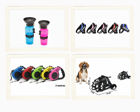 Kit Paseo para Perro Mediano - Pack Completo 4 Productos(arnés policial K9 "M" tipo service dog, correa retráctil 3metros, bozal de goma, botella de paseo)