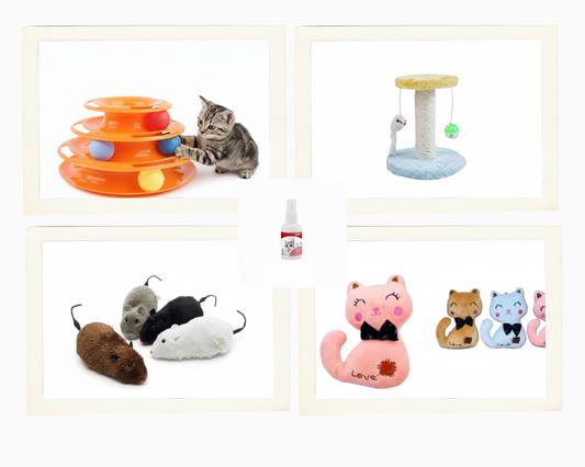 Kit Estimulante para Gatos - Pack Completo 5 Productos(torre interactiva, catnip spray, rascador ,peluche, ratón con movimiento)